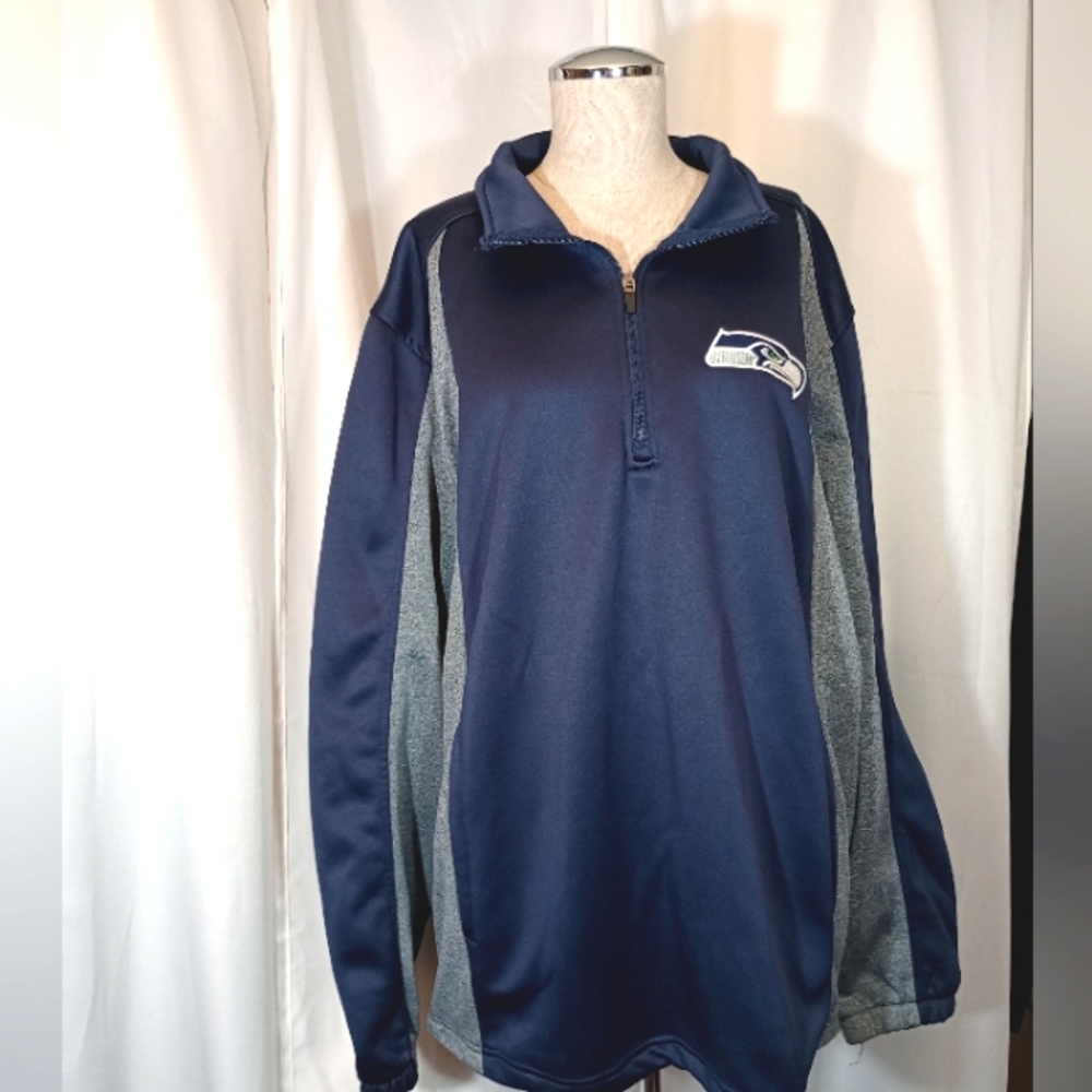 NFL Seahawk Sweatshirt, Men Blue+Gray 1/4 Zip,Embroidered Seahawk Logo,Collar,XL